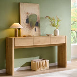 OKD 63'' Console Table with 3 Drawers, Farmhouse Entryway Table with Rounded Corners, Console Table Behind Couch for Living Room/Hallway-Natural Oak OKD