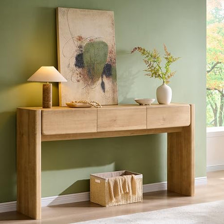 OKD 63'' Console Table with 3 Drawers, Farmhouse Entryway Table with Rounded Corners, Console Table Behind Couch for Living Room/Hallway-Natural Oak OKD