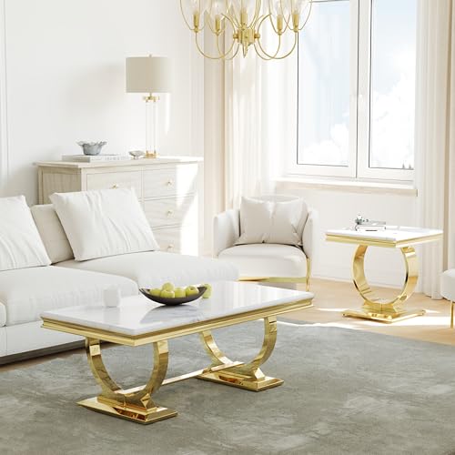 Asday Gold and White Coffee Table, Rectangle Gold Marble Coffee Table, Luxury Elegant Center Table for Living Room, Guest Hall, Reception Room Asday