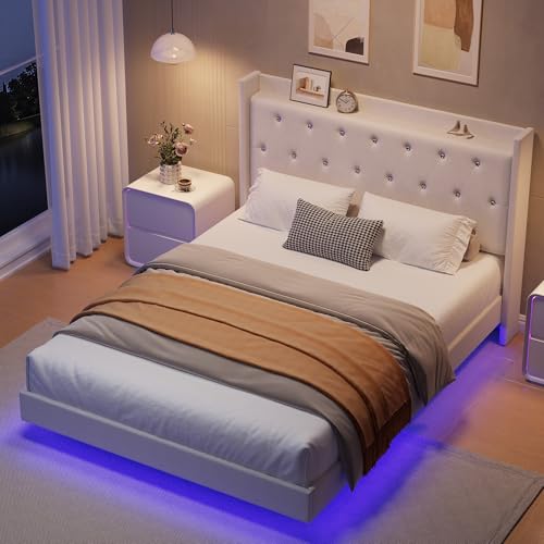 coucheta Full Floating Bed Frame with LED Lights, Upholstered Platform Bed with Crystal Tufted Headboard, Storage Shelves, Heavy Duty Metal Slats, No Spring Needed, Noise Free, Easy Assembly, White coucheta