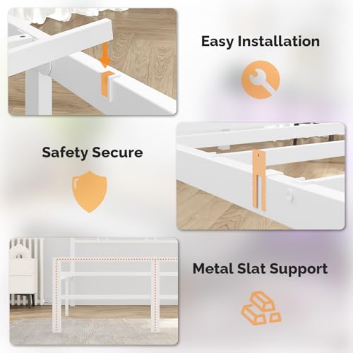 VINGLI Twin Bed Frame with Storage Headboard, LED Lights, and Charging Station, Single Metal Platform Pannel Bed with Wooden Storage Shelf, Underbed Storage Space, Apartement, White VINGLI