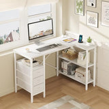DUMOS L Shaped Desk with Shelf Drawers 47 Inch, White Corner Computer Desks Gaming with Power Outlet, Study Table with Adjustable Shelves, Home Office Tables for Bedroom Teacher Reading Writing DUMOS