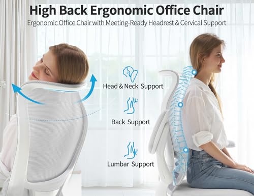 TRALT Ergonomic Office Chair - Desk Chair with Wave High Back Adjustable Lumbar Support Computer Chair - Gaming Chairs Mesh Backrest and PU Leather Seat for Home Reading Chairs to Adults(White) TRALT