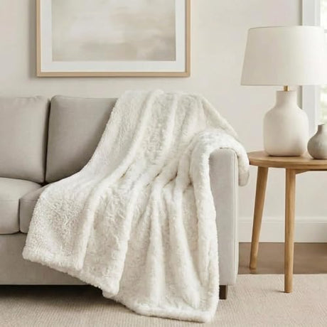 DaDa Bedding Luxury White Roses Fluffy and Cuddly Faux Fur with Sherpa Backside Fleece Cloud Throw Blanket - Super Soft Warm Plush Luxe Solid Toss for Sofa, Couch or Bed - 63" x 90" DaDa Bedding