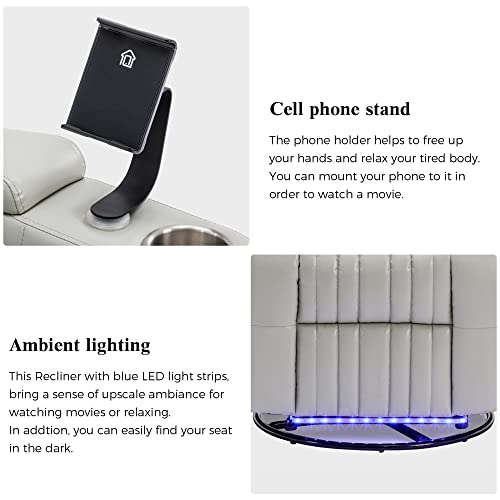 QKFF Power Swivel Glider Recliner for Nursery, Home Theater Seating with Hidden Arm Storage LED Light Strip Cup Holder Tray Table Cell Phone Holder for Living Room