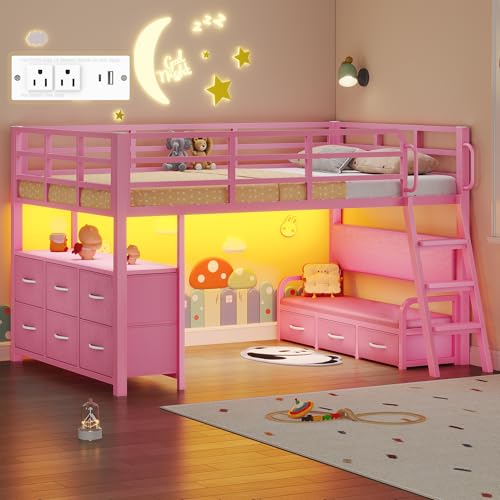 Dnxao Low Twin Loft Bed with Desk,9 Storage Drawers,Kids Loft Bed with 15.8" H Safety Guardrail,Twin Bed Frames for Kids with LED Lights and Charging Station,Under-Bed Play Space,Pink Dnxao