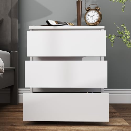 Modern Nightstand Bedside Table with 3 Drawers, End Table Sofa Side Table with Cut-Out Handle for Bedroom (1, White) Panana
