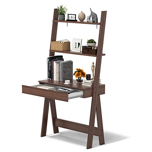 Tangkula Walnut Ladder Desk with 2-Tier Bookshelf and Drawer for Modern Storage Solutions Tangkula