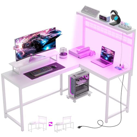 HOMCOM Gaming Desk, 62" L Shaped Desk with Power Outlets & LED Lights, 86" 2 Person Computer Table with Shelf & Rolling CPU Stand, Reversible Corner Office Table with Hutch, White HOMCOM