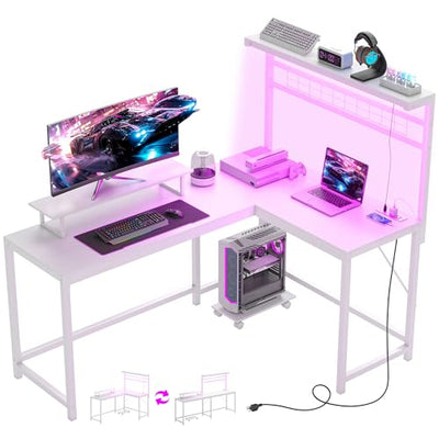 HOMCOM Gaming Desk, 62" L Shaped Desk with Power Outlets & LED Lights, 86" 2 Person Computer Table with Shelf & Rolling CPU Stand, Reversible Corner Office Table with Hutch, White