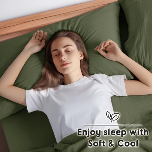 SONORO KATE 100% French Pure Linen Queen Size Sheets, Breathable and Durable, 16 Inch Deep Pocket - 4 Piece (Olive Green) SONORO KATE