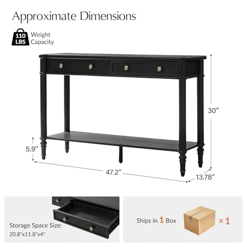 HULALA HOME Mid Century Modern Console Table with Natural Wood Grain, Fluted Entryway Table with 2 Drawers & Lower Shelf, 47.2" W x 13.78" D x 30" H(Black) HULALA HOME