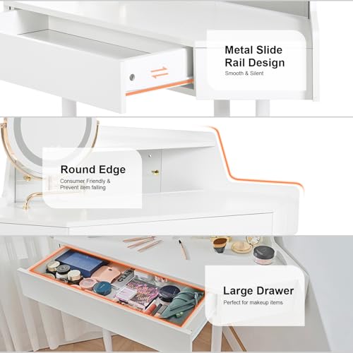 Merax Corner Vanity Desk with Mirror and Lights and Stool, White Makeup Vanity with Storage & Adjustable Light, Girl Glass Top Dressing Table with Small Sliding Glass Door, Drawer and Display Shelf Merax