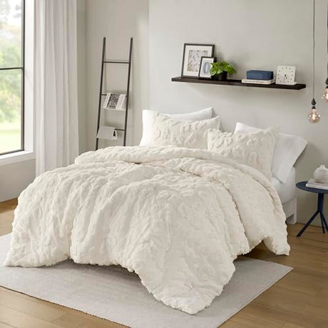 Intelligent Design King Comforter Set Chenille Tufted Animal Print Pattern Comforters King Size, All Season Fluffy Bedding Soft Microfiber Reverse, Larissa, King/Cal King Off-White 3 Piece Intelligent Design