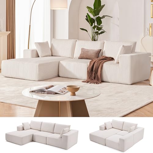 Weture 108” Modular Sectional Sofa, Cloud Sectional Couch with Deep Seat, Modern Modular L-Shape Sofa Couch with Chaise,Upholstered Couches for Living Room Bedroom (Corduroy, Beige)