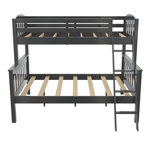 DHP Airlie Convertible Wood Bunk Bed Twin Over Full Size, Stackable and Detachable Bed Frames for Kids, Teens, Angled Ladder, High Guardrail, Wood Slats, No Boxspring Required, Grey DHP
