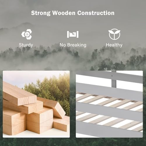 Merax Wood Twin Over Full House Bunk Bed with Ladder, Solid Pine Wood Bunk Bed Frame with Safety Guardrails, House Bunk Bed Frame for Home Merax