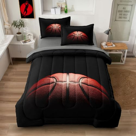 Leaflin Teenage Boy Bedding Sets Full Size 5 Pieces Basketball Comforter Set for Boys Bed in a Bag Set, Basketball Bedding Full, Red Black Leaflin