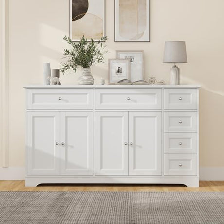 Giantex Large Buffet Cabinet with Storage, 59” Kitchen Cabinet with 4 Doors, 6 Drawers & 2 Adjustable Shelves, Modern Sideboard for Living Room, Coffee Bar, White Giantex