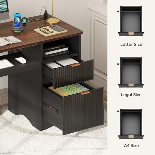 Bestier Computer Desk with Keyboard Tray, 55 inch Office Desk with Power Outlet, Modern Home Office Desk with File Drawer (Walnut with Black, 55" W with Single-Sided Drawers) Bestier