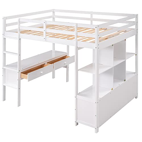 BOVZA White Full Size Loft Bed with Built-in Desk, Drawers, and Storage Shelves