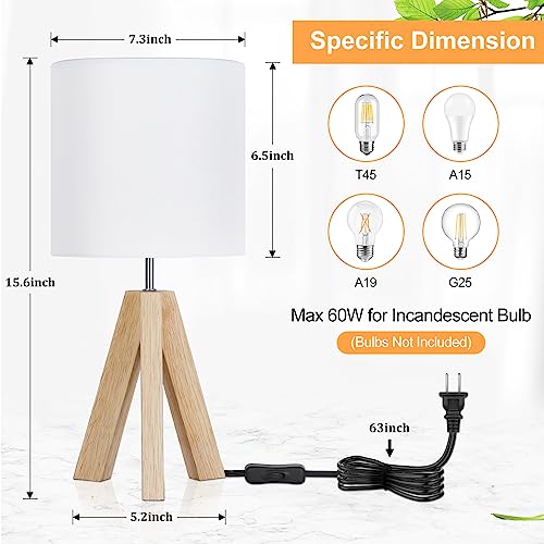 Small Beside Table Lamp, Wood Tripod Table Lamp with White Fabric Shade, Cute Boho Nightstand Lamp, Minimalist Desk Lamp for Bedroom Living Room Nursery Kids Room Office Dorm, Bulb Not Includ - WoodArtSupply