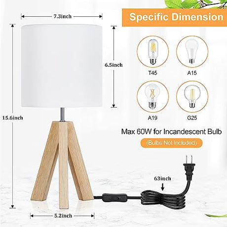Small Beside Table Lamp, Wood Tripod Table Lamp with White Fabric Shade, Cute Boho Nightstand Lamp, Minimalist Desk Lamp for Bedroom Living Room Nursery Kids Room Office Dorm, Bulb Not Included Brightever