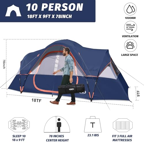 UNP Camping Tent 10-Person-Family Tents, Parties, Music Festival Tent, Big, Easy Up, 5 Large Mesh Windows, Double Layer, 2 Room, Waterproof, Weather Resistant, 18ft x 9ft x78in (Navy Blue) unp
