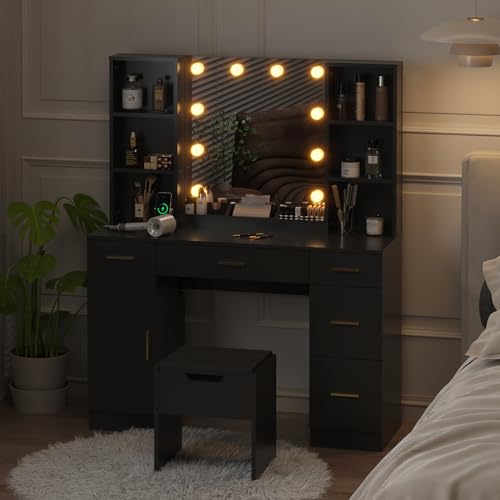 HobbyField 56’’ Makeup Vanity Desk with Mirror and LED Lights,Modern Dressing Table with Drawers & Adjustable Shelves, Makeup Table Set with Power Outlet，Cushioned Stool for Bedroom(Black) HobbyField