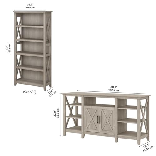 Bush Furniture Key West Tall TV Stand with Set of 2 Bookcases in Washed Gray, Farmhouse Entertainment Center for 65 Inch Television Bush Furniture