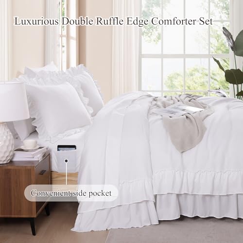 AMBERSPACE Queen Comforter Set White, Ruffle Shabby Chic Bedding Set Farmhouse 7 Pieces, All Season Fluffy Bed in a Bag with Sheets, Pillowcases & Shams AMBERSPACE