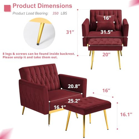 ACMEASE Velvet Accent Chair with Adjustable Armrests and Backrest, Button Tufted Lounge Chair, Single Recliner Armchair with Ottoman and Pillow for Living Room, Bedroom, Red ACMEASE