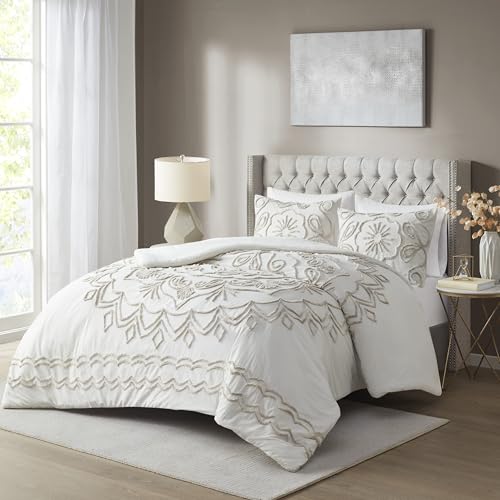 Madison Park Violette Chenille Cotton Tufted Comforter Large Medallion Design, All Season, Hypoallergenic, Soft Bedding Set, Matching Sham, Full/Queen, Ivory/Taupe 3 Piece Madison Park