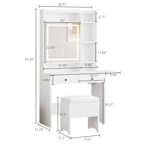 IRONCK Vanity Desk with Mirror and LED Lights, Jewelry Cabinet, Makeup Dressing Table Set with Drawers, Storage Shelves, for Bedroom, 65.3 H White IRONCK