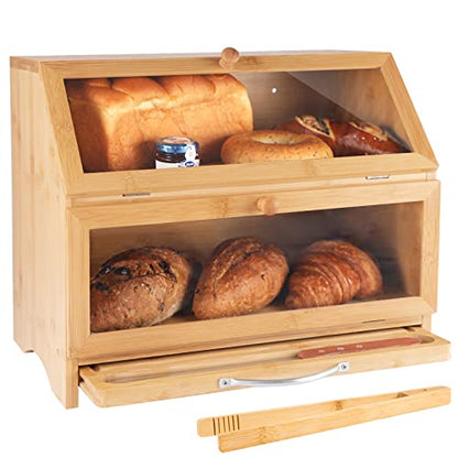 MAISONPEX Double Layer Bamboo Bread Box for Kitchen Countertop, Cutting Board, and Stainless Steel Bread Knife, Large Capacity Storage Container with Clear Windows (Self-Assembly)