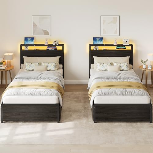 LIKIMIO Twin Bed Frame, with 2-Tier Shelves & Charging Station & LED Light, DIY Layout Storage Drawers, Suitable for Teen Rooms, Small Apartments & Bedrooms, Gray Black LIKIMIO