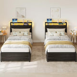 LIKIMIO Twin Bed Frame, with 2-Tier Shelves & Charging Station & LED Light, DIY Layout Storage Drawers, Suitable for Teen Rooms, Small Apartments & Bedrooms, Gray Black LIKIMIO