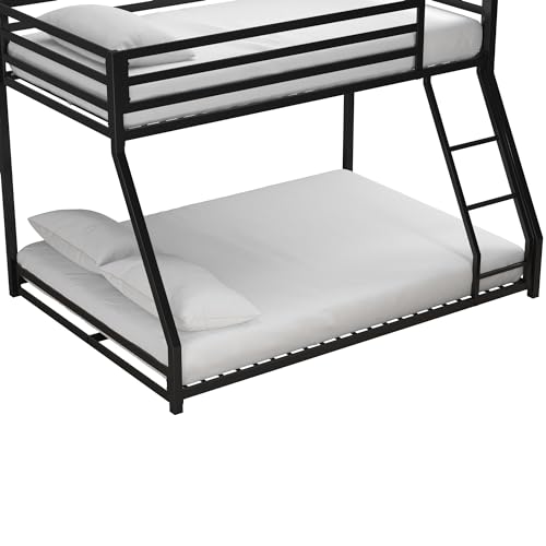 DHP Miles Low Metal Bunk Bed Frame for Kids, With Built-in Ladder, High Guardrail and Metal Slats, Floor Bed Bottom Bunk, No Boxspring Required, For Small Spaces, Twin-Over-Full, Black DHP