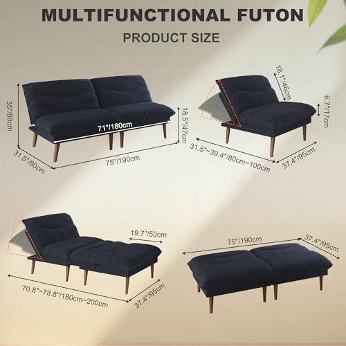 DreamDashio Futon Sofa Bed, 4 in 1 Multi-Functional Futon Couch with Adjustable Backrest, 75 inch Convertible Sleeper Sofa Bed and Recliner Lounge, Corduroy Loveseat for Living Room, Apartment, Black DreamDashio