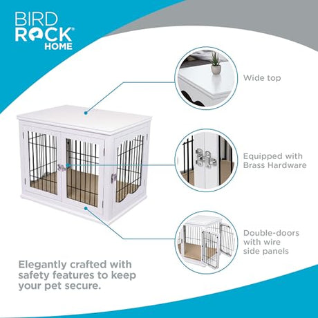 INTERNET'S BEST Decorative Dog Kennel with Pet Bed, Small Pet House, Double Door Indoor Crate, Engineered Wood & Wire Furniture, Side Table & Nightstand, Fits Small Dogs - White Internet's Best