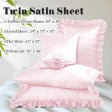 Homiest Ruffled Satin Sheets Twin Size 4pc Set - Blush Pink Bed Sheet Set with 15 Inch Deep Pocket Fitted Sheet, 1 Flat Sheet, 1 Ruffled Pillow Shams & 1 Pillowcases, Similar to Silk Sheets Homiest