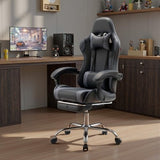 DUMOS Ergonomic Gaming Office Desk Chair with Footrest and Headrest for Adults, PU Leather Video Computer Chair with Linkage Armrests, Height Adjustable 360° Swivel Recling Chair, Black Grey DUMOS