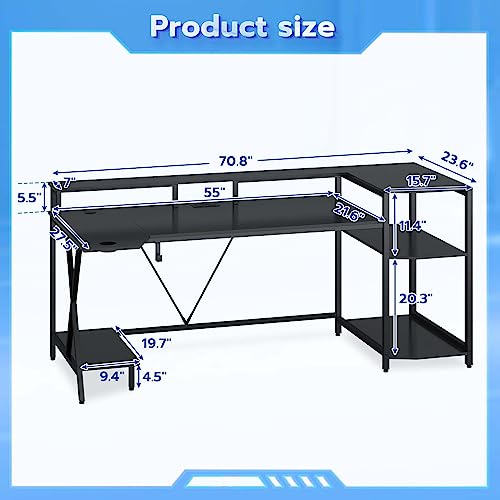 SEDETA Gaming Desk 70.8'' with LED Lights and Storage Shelves, Computer Desk with Monitor Stand, Power Outlets and Cup Holder, Large PC Gamer Desk, Gaming Table for Bedroom, Living Room, Black SEDETA