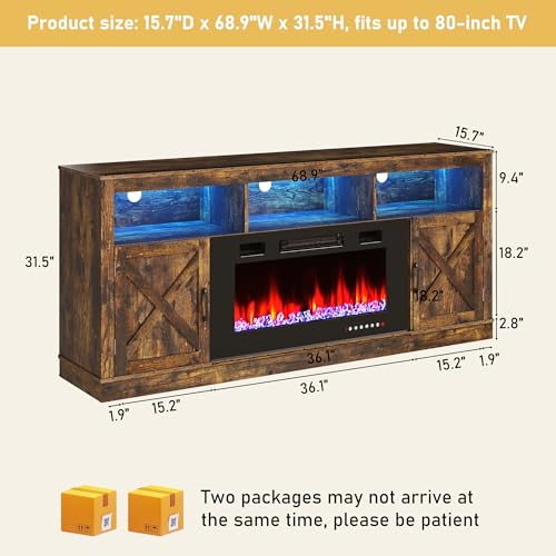 Farmhouse Fireplace TV Stand for 70/75/80 Inch TV, 32”Tall Entertainment Center w/ 36”Electric Fireplace & LED Light, 70”Media Console w/Barn Door Cabinet for Living Room, Rustic Brown jiteentarou