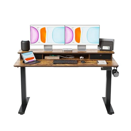 BANTI 55x24 Inch Electric Standing Desk with Dual Drawers, Height Adjustable Stand Up Table, Sit Stand Home Office Desk with Storage Shelf, Black Frame/Rustic Brown Top BANTI