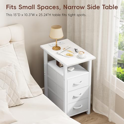 Vagusicc Set of 2 White Nightstand with Charging Station and LED Lights, Narrow End Table, LED Night Stand with 3 Fabric Drawers for Bedroom, Small Bedside Table, Narrow Side Table for Small Spaces Vagusicc