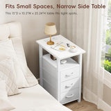 Vagusicc Set of 2 White Nightstand with Charging Station and LED Lights, Narrow End Table, LED Night Stand with 3 Fabric Drawers for Bedroom, Small Bedside Table, Narrow Side Table for Small Spaces Vagusicc