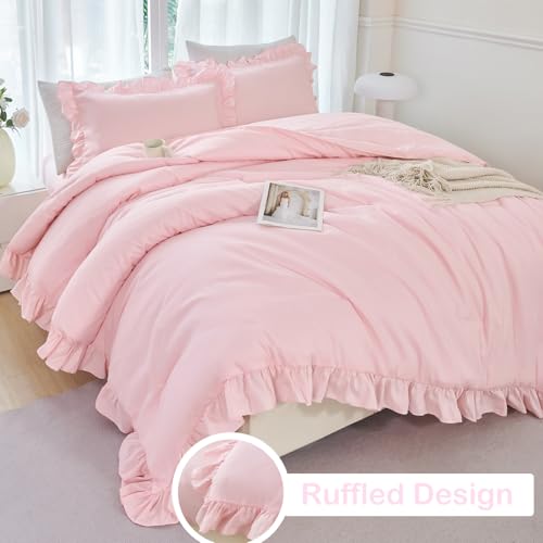 ANGIYUIN 5 Pieces Pink Twin Size Comforter Set for Girls Ruffled Kids Bed in A Bag with Sheet Sets Farmhouse Shabby Bedding Sets with Ruffle Soft Fluffy Bed Sets (Pink Twin) ANGIYUIN