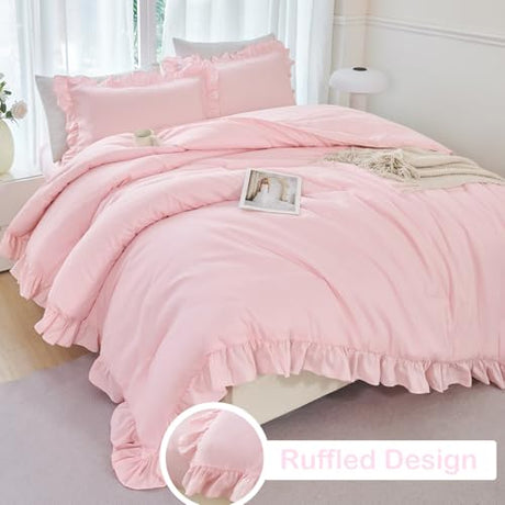ANGIYUIN 5 Pieces Pink Twin Size Comforter Set for Girls Ruffled Kids Bed in A Bag with Sheet Sets Farmhouse Shabby Bedding Sets with Ruffle Soft Fluffy Bed Sets (Pink Twin) ANGIYUIN