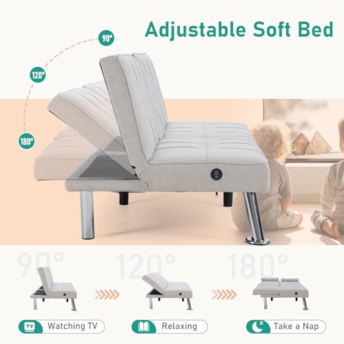 HAOMARKETS Futon Sofa Bed with USB Charging Port, Convertible Futon Couch with 2 Cup Holders,Modern Folding Loveseat Sleeper Couches for Small Spaces, Living Room, White HAOMARKETS